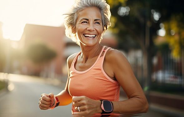 Happy middle-aged woman jogging outside