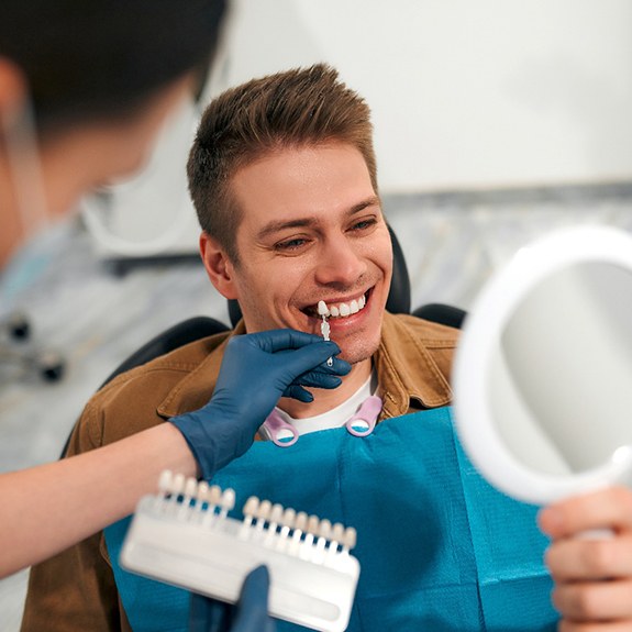 a dentist matching the shade of a patient’s teeth